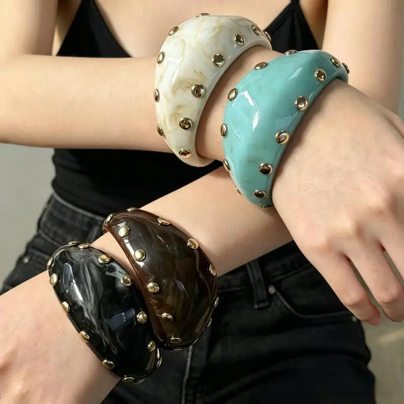 Gold Studded Resin Cuff Bracelet Vintage Style Chunky Marble Pattern Bangle Trendy Accessory for Women  Wear