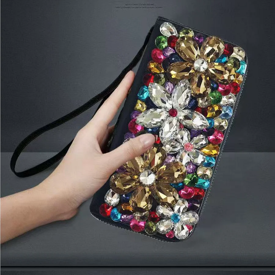 

Multifunctional Women Wallet Genuine Leather Handbag Credit ID Card Holder Coin Pocket Crystal Rhinestones Diamond Clutch Purse