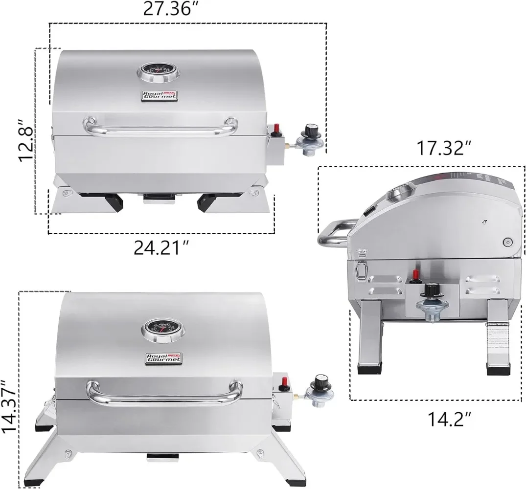 Stainless Steel Portable Grill, 10000 BTU BBQ Tabletop Gas Grill with Folding Legs and Lockable Lid