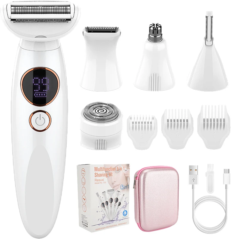 Female hair removal device, five in one trimmer, suitable for both dry and wet use, suitable for women's face, body, and legs