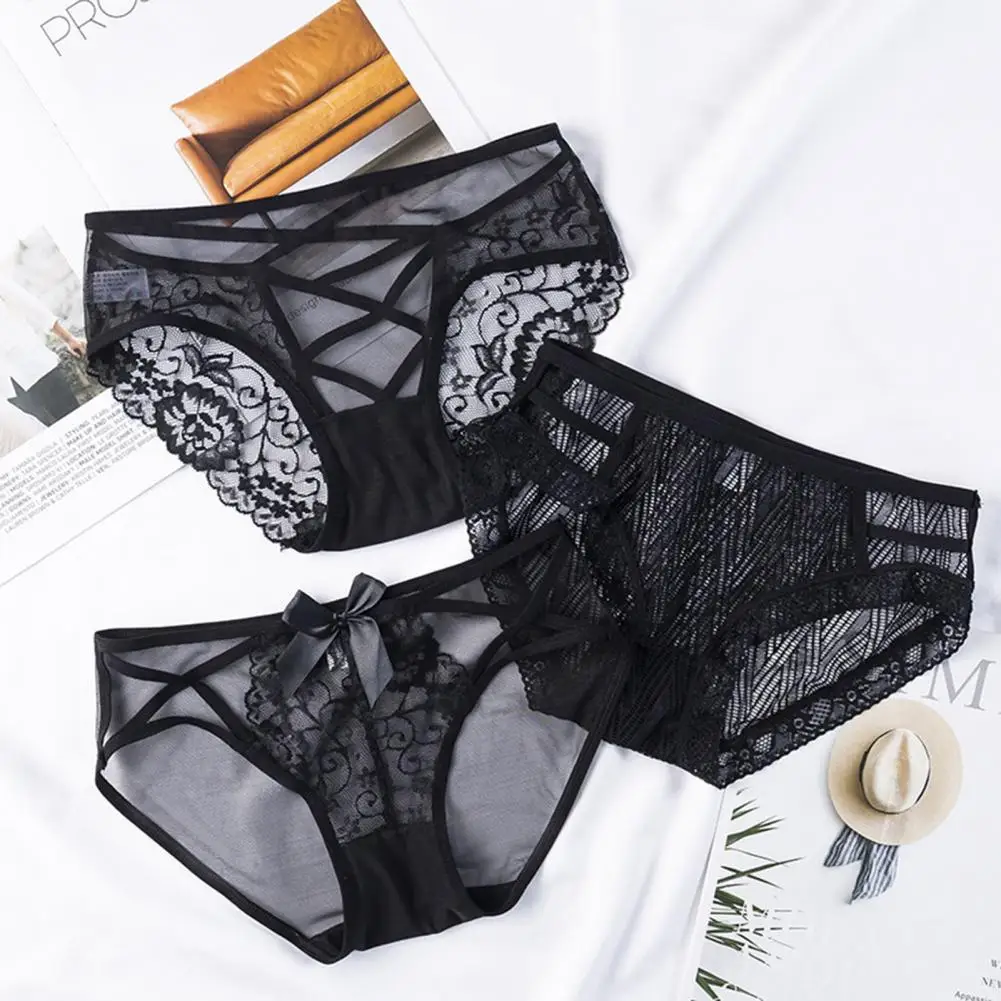 Tight Fit Underwear Stylish Lace Mesh Women's Low Waist Panties with Good Breathability Slim Fit Solid Color Briefs for Casual