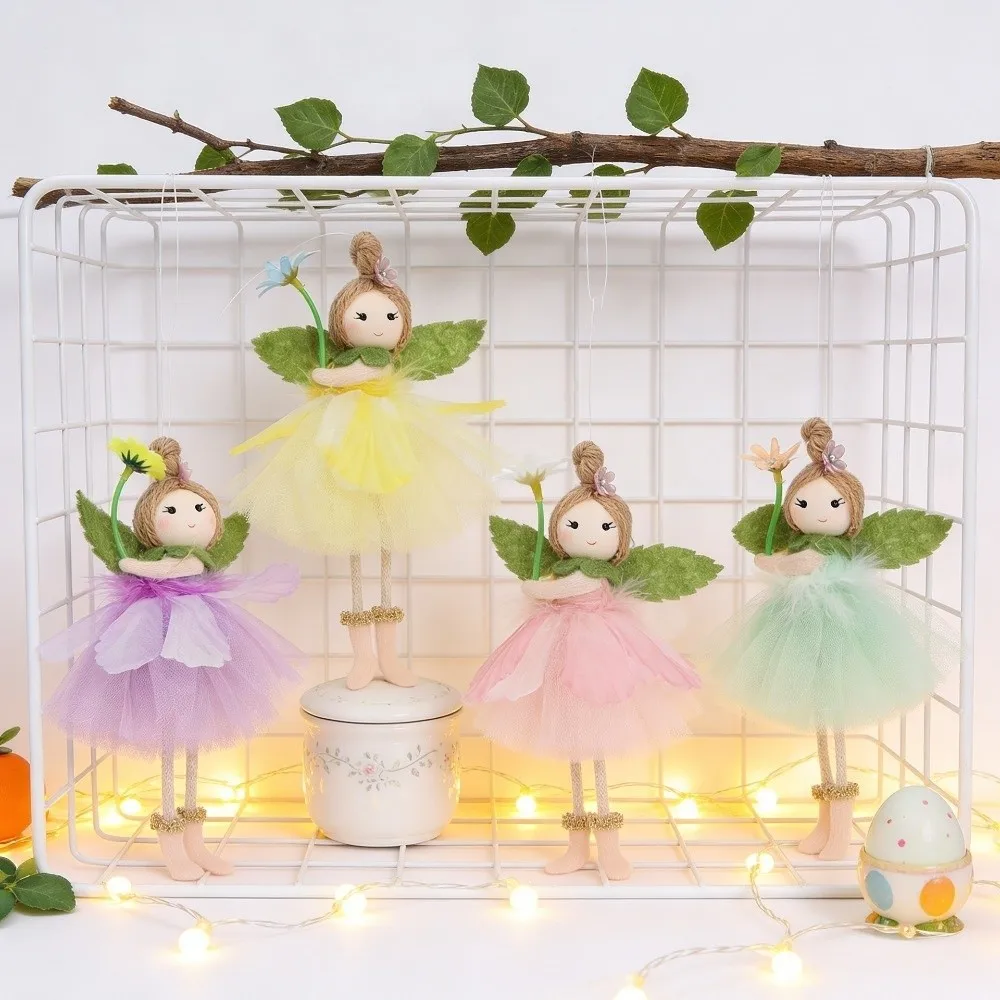Long Legs Flower Fairy Ornaments with Flower Mesh Skirt Girl Hanging Doll Cute Handmade Easter Fairy Pendant Spring Easter