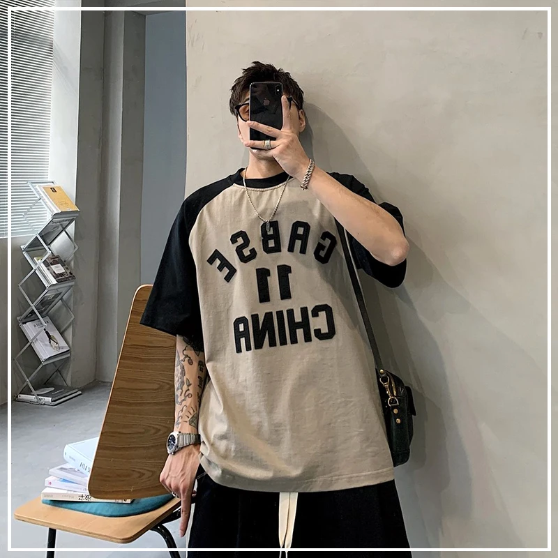 

2024 Summer Large Size Loose Vintage Street Casual Contrasting Colors Letter Hipster Fashionable Handsome Men's Clothing T-Shirt