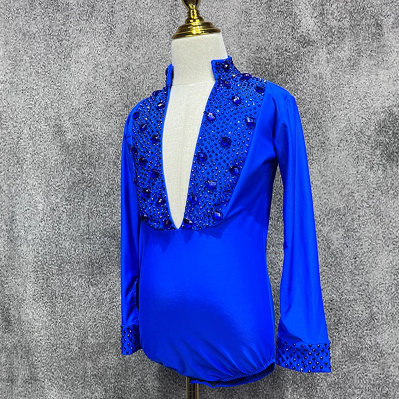 Neue Kinder Jungen Latin Dance Wettbewerb Kleidung blaue Tops Strass lange Ärmel Bodysuit Cha Cha Rumba Samba Tanz tragen dnv21008