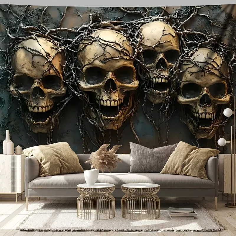 VIKAMA Twisted Vine Skull Tapestry, Horror Dead Tree Skeleton Wall Hanging, Dark Gothic Cloth Poster Halloween Room Decor