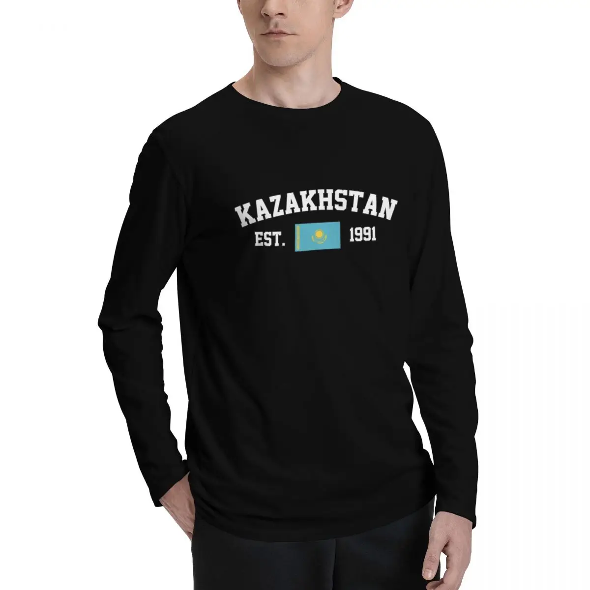 100% Cotton Kazakhstan Flag With EST. Year Long Sleeve Autumn T shirts Men Women Unisex Clothing LS T-Shirt Tops Tees