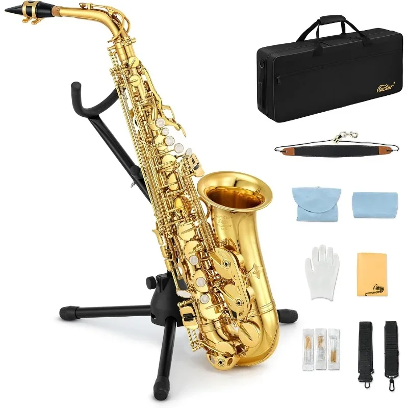 

Student Alto Saxophone E Flat Gold Lacquer Alto Beginner Sax Full Kit With Carrying Sax Case Mouthpiece Straps Reeds Stand