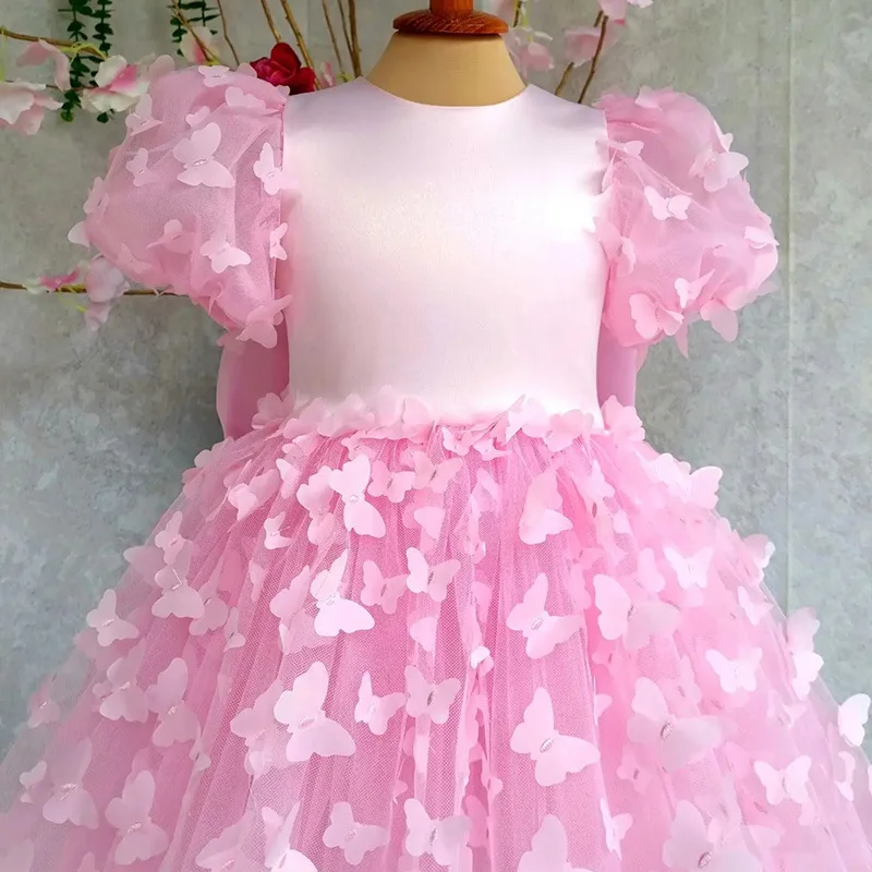 Customized New Pink O-neck Puff Sleeve Girl Floral Dress Euramerican Summer Popular Slim Waist A-line Ball Gown Fairy Bow Appliq