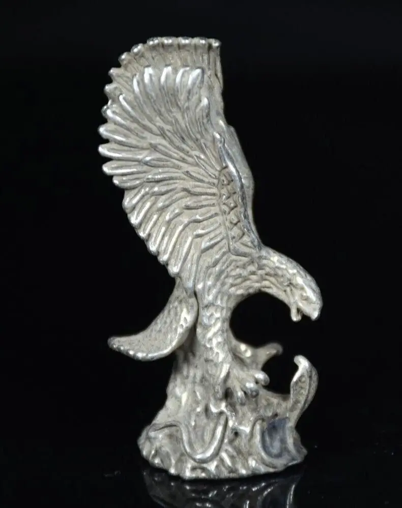 5.2CM Old China Miao Silver Feng Shui Eagle Hawk Spread one's Wings Luck Statue