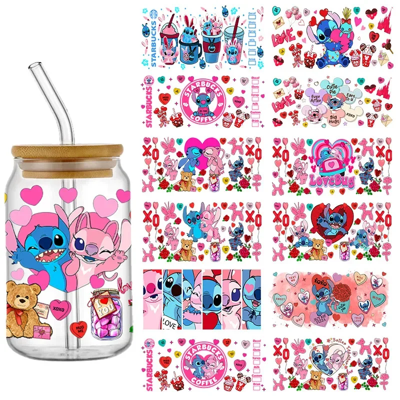 Disney Stitch lovers Transfer Stickers Valentine's Day UV DTF  Cup Wraps For 16oz Libbey Glass Can Permanent waterproof Decals