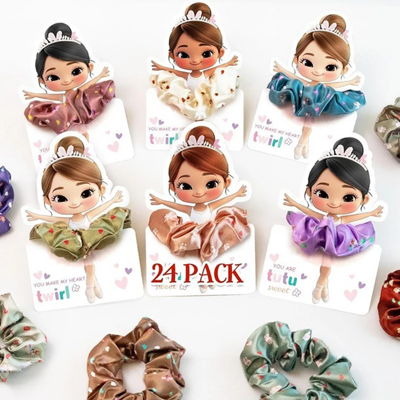

24Pcs Valentine's Day Ballerina Card With Hair Scrunchies For School Classroom Boys Girls Toddlers And Kids Party Favor Sets