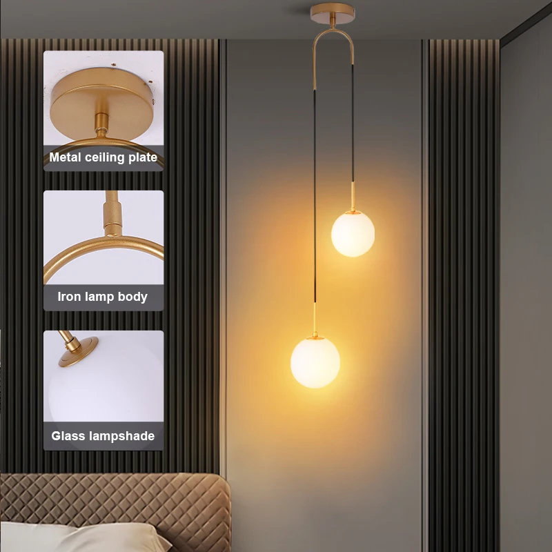 

Upgrade creative bedroom bedside pendant lamp bar simple living room background wall led creative glass ball brass chandelier