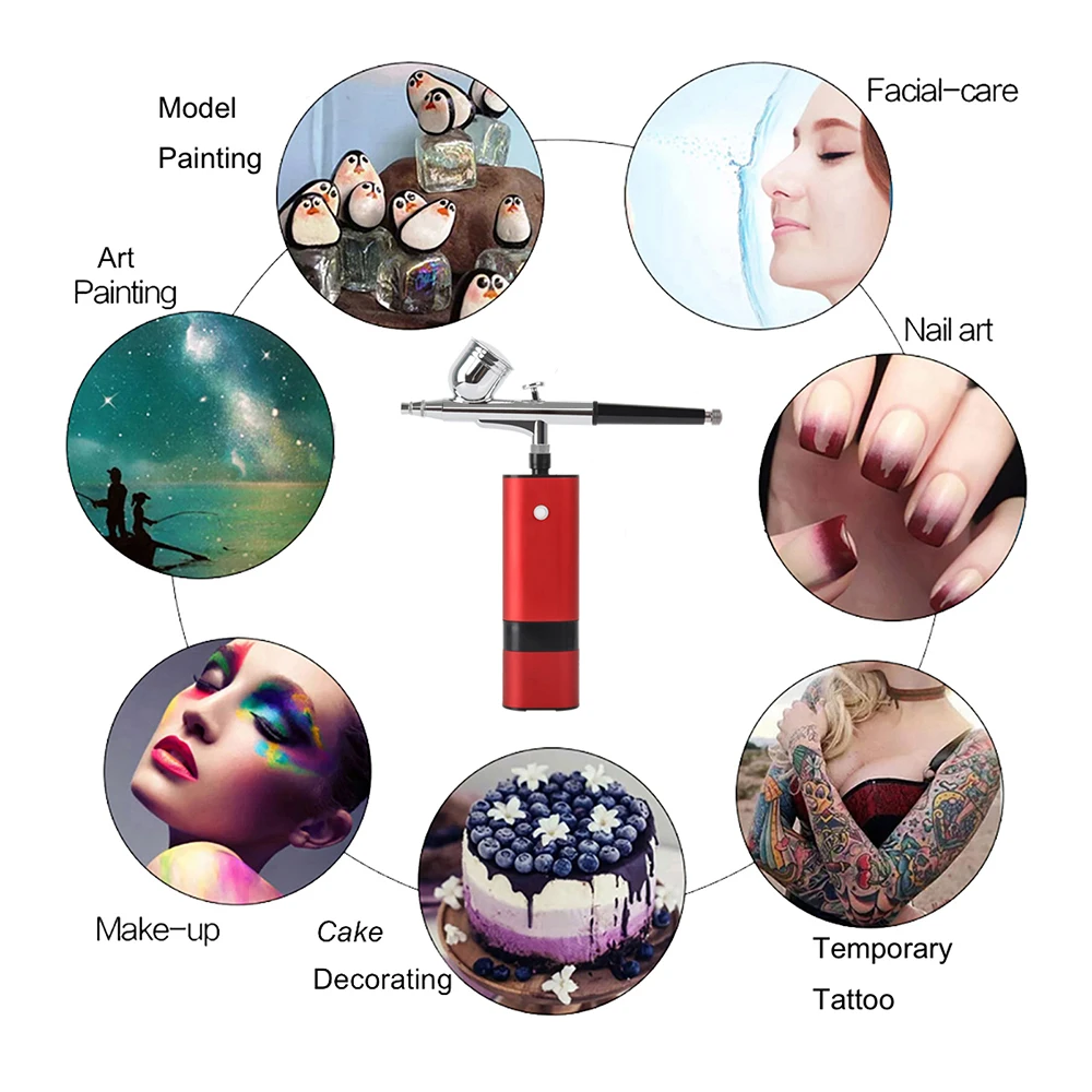 ชุด Airbrush Mini-คอมเพรสเซอร์ขนาดกะทัดรัดแบบพกพา Dual-Action 7CC ความจุถ้วยปืนแต่งหน้า Tattoo Nail Art Face สีสี