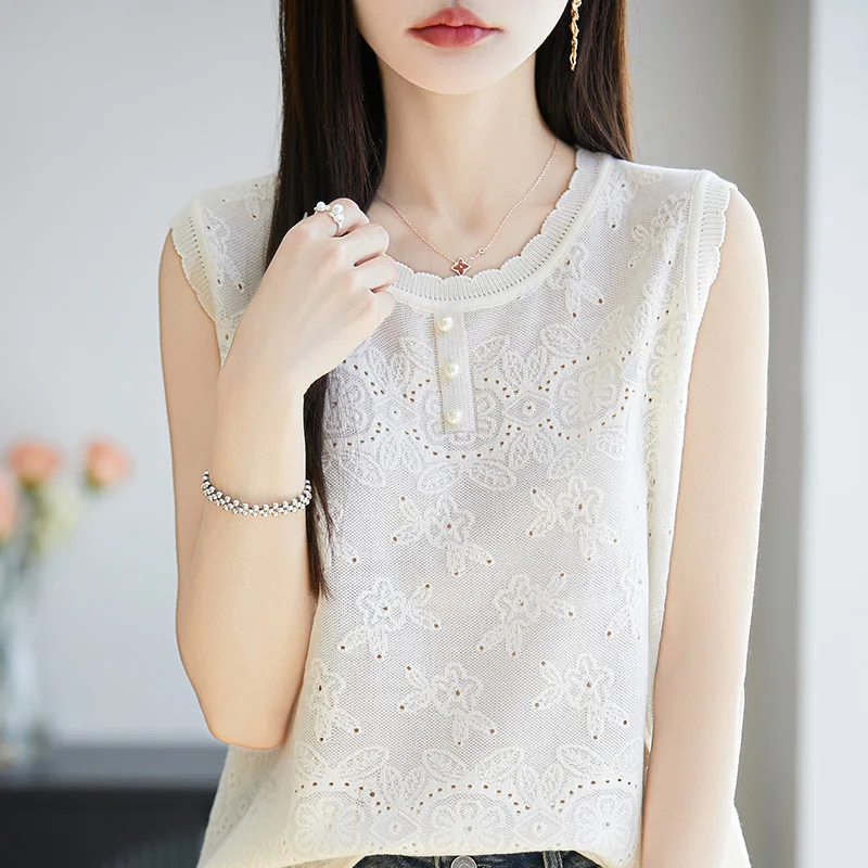 صيف جديد الصوف محبوك المرأة سترة دون أكمام موضة عادية الراقية الجاكار الأعلى الجولة الرقبة فضفاضة لينة البلوز تي شيرت #3