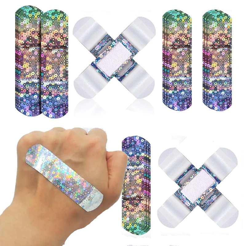 

50pcs/set Cartoon Laser Color Band Aid Waterproof PE Patch Wound Dressing Sticking Plaster Holographic Color Adhesive Bandages