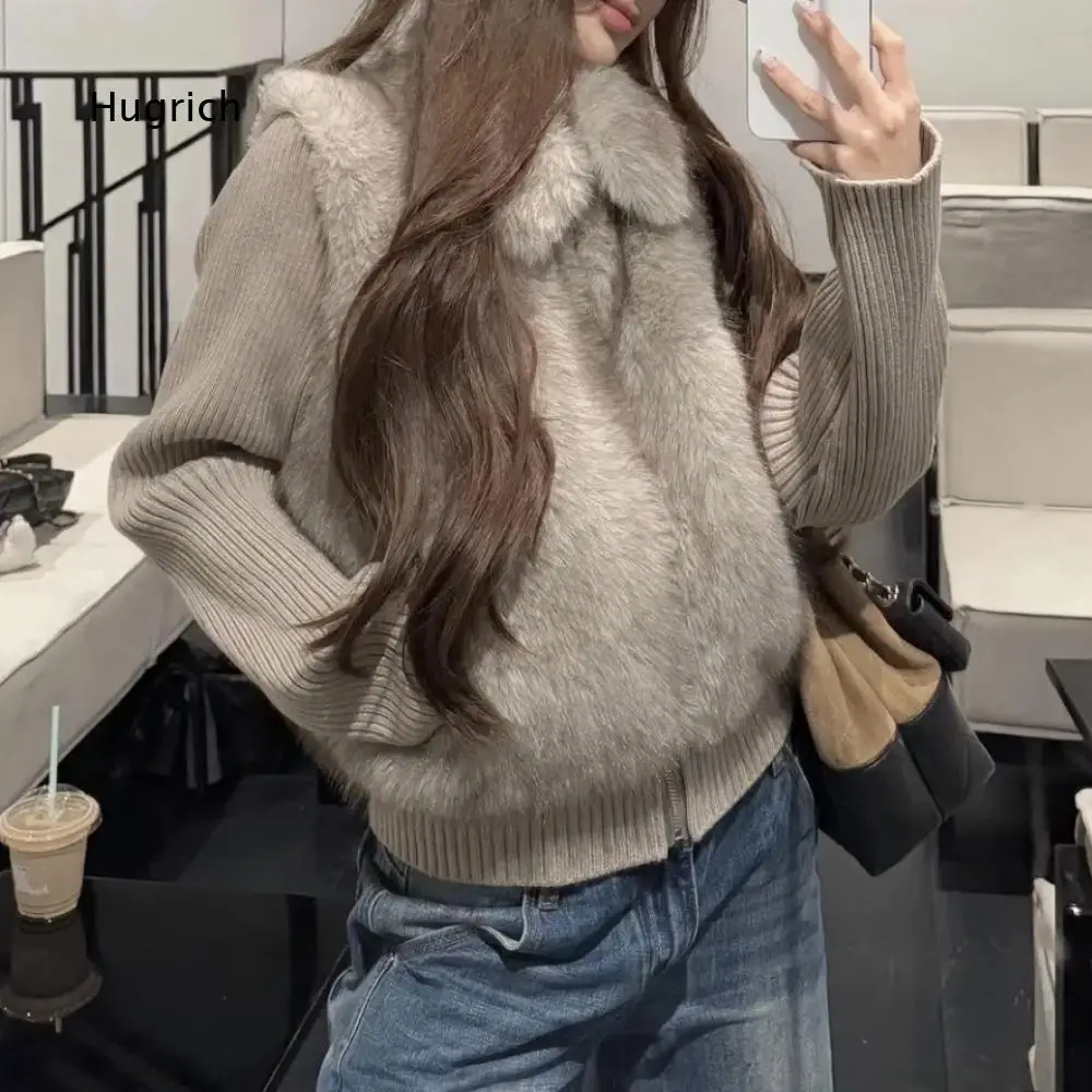 Ribbed Knit Hem Stand Collar Zipper Faux Fur Sleeveless Waistcoat Warm Vest For Women Autumn Winter Outdoor Daily Matches