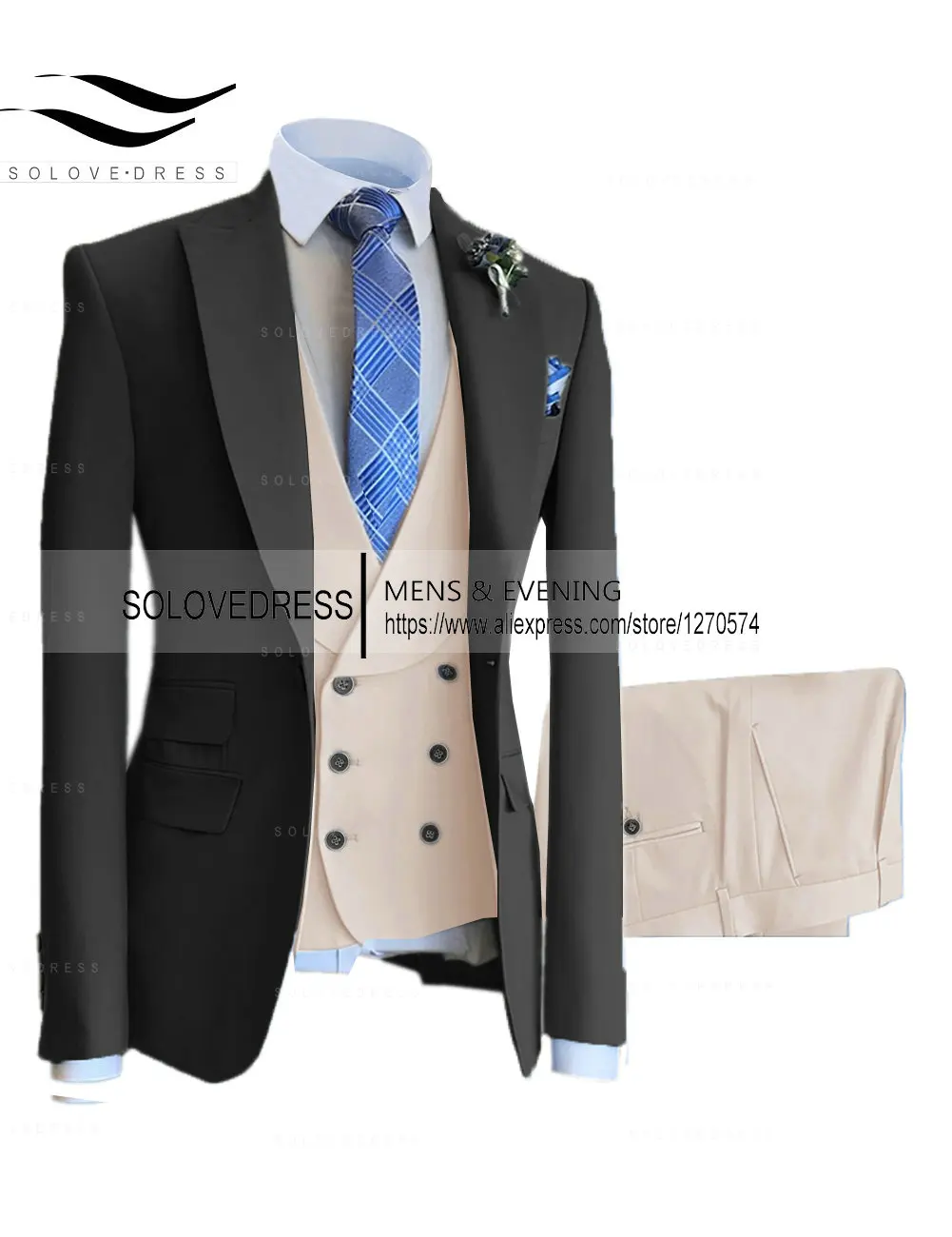 

Mens Suits 3 Pieces Slim Fit Casual Business Groomsmen Green Champagne Lapel Tuxedos for Formal Wedding (Blazer+Pants+Vest)