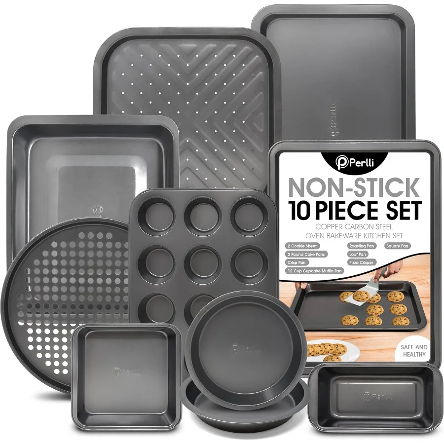 

Baking Pan 10 Piece Set Nonstick Carbon Steel Gray Oven Bakeware Kitchen Set 2 Cookie Sheets 2 Round Cake Pans Square Pan Roast