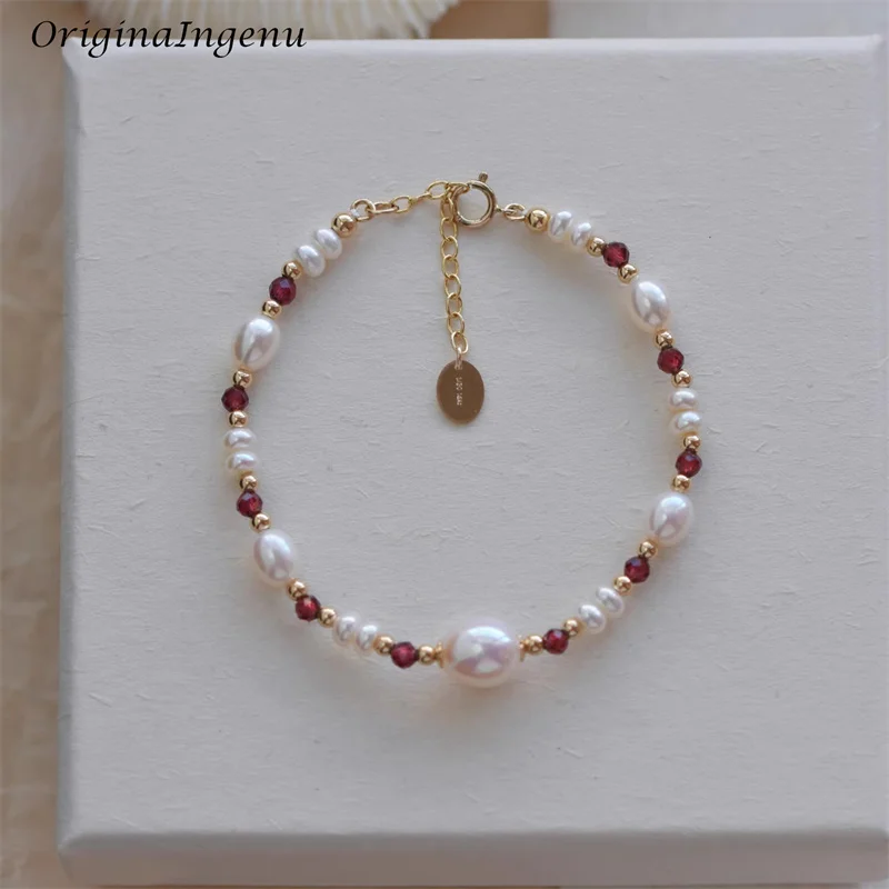 14K Gold Filled Natural Garnet  Bracelet Handmade Organic Pearls Bracelet Waterproof Tarnish Resistant Jewelry Boho Bracelet