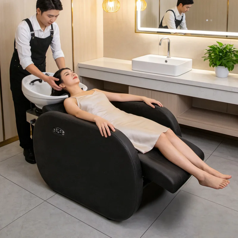 Bojue Semi-Reclining Salons, High-End Wash Bed With Ceramic Basin, Hair Salon Shampoo Chair
