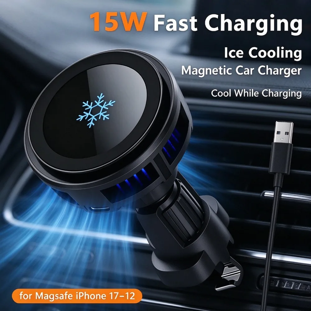 Fast Wireless Charging Car Phone Holder 15W ice Cooling Fan Magnetic Charger Air Vent Mount for Magsafe iPhone 12-17 Smartphones
