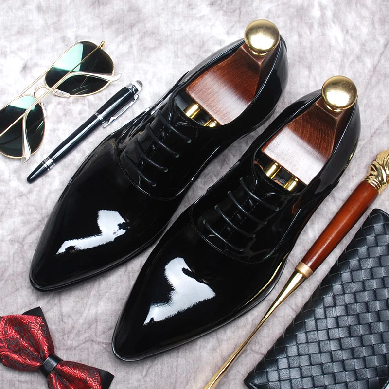 HKDQ Pointed Toe Oxford Men Shoes Genuine Leather Fashion Patent Leather Pointed To Lace Up Formal Business Dress Shoes Wedding