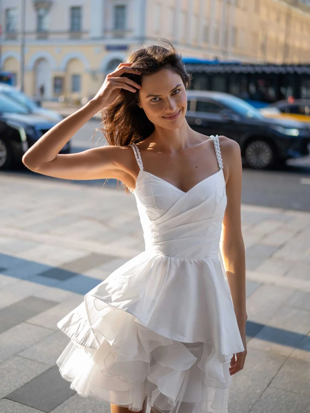 

Kyoto Customized Asymmetrical Pleated 3D Flower Wedding Dress Short Spaghetti Strap فستان زفاف Lace-Up Back vestidos de novia