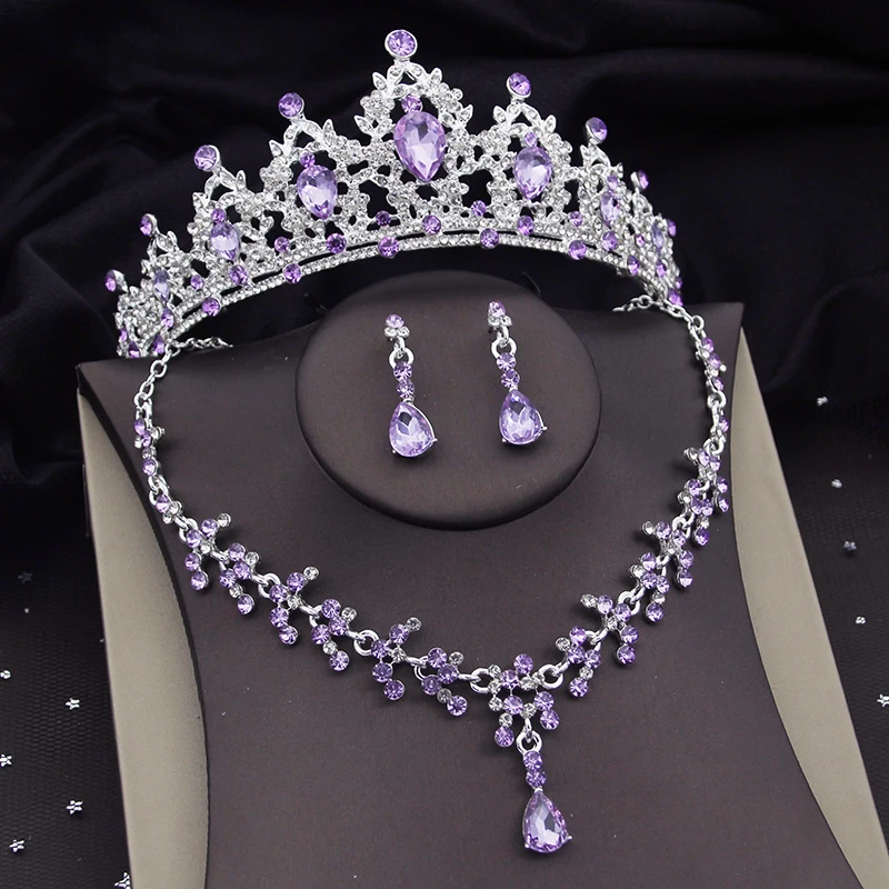 Luxury Silver Colors Violets Crystal Bridal Jewelry Sets for Women Gold Color Tiaras Crown Bride Necklace Earrings Wedding Sets