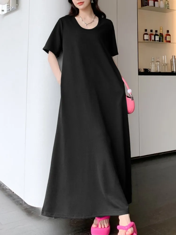 فستان صيفي كبير الحجم بأكمام قصيرة تي شيرت نسائي كوري فضفاض أسود فساتين أنيقة عتيقة فستان نسائي فيستدوس