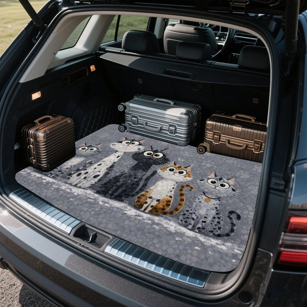 Cartoon Cat Trunk Mat, Kawaii Cargo Liner, Non-Slip Boot Protector, Universal Fit Car Accessories, Stain-Resistant & Durable