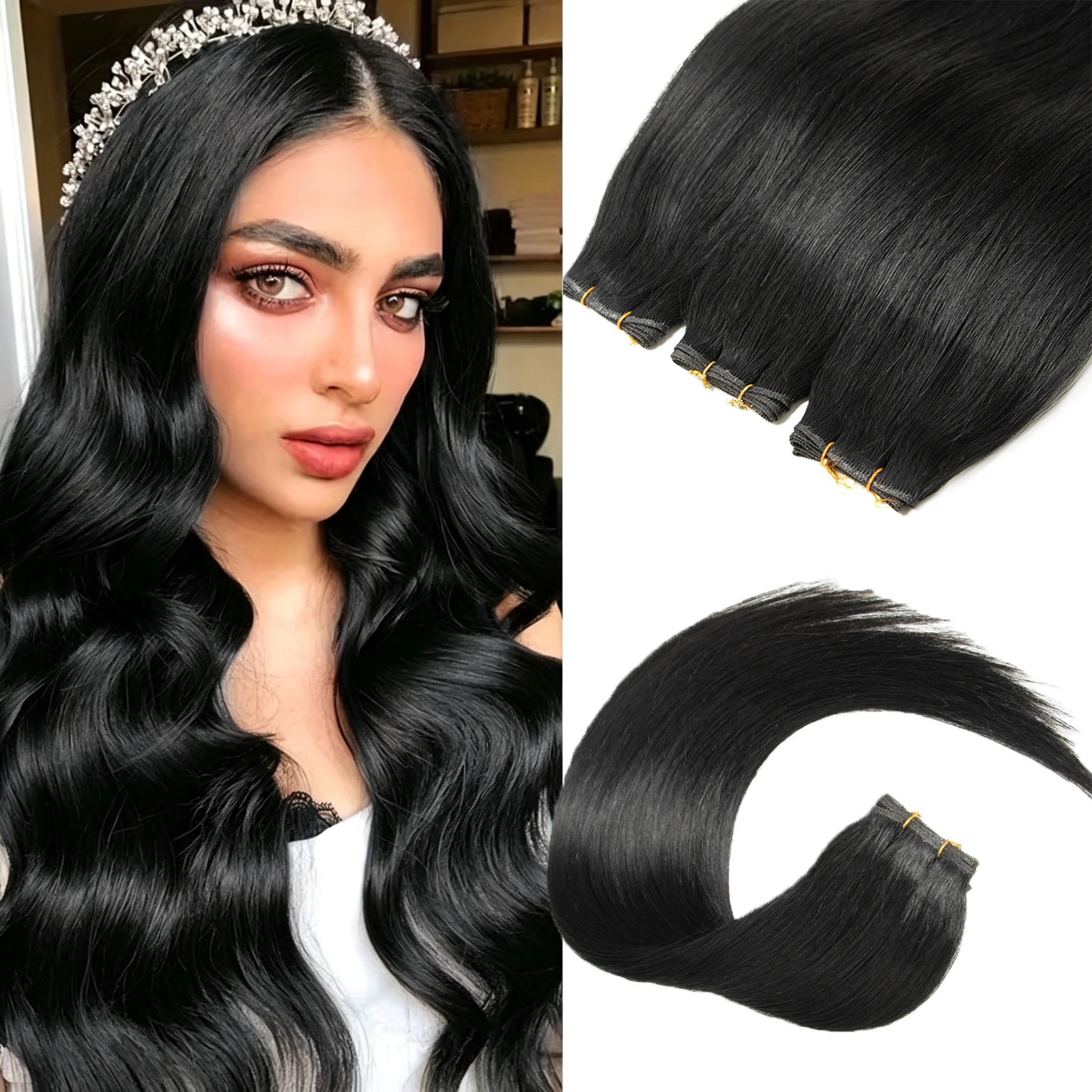 Sew in Weft Hair Invisible Long Tape Skin Weft Human Hair Bundles Natural Straight Hair for Women Easy to Wear Salon Quality