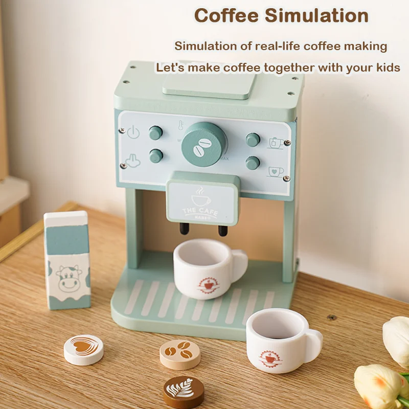 Children\'s simulation coffee machine toys, early education educational toys, wooden simulation kitchen, cafe, role-playing