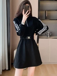 Autumn Winter Black Long Sleeve Bandage Bodycon Mini Dress Women Fashion Chic Casual Sweatshirts 2024 New Elegant Party Vestidos