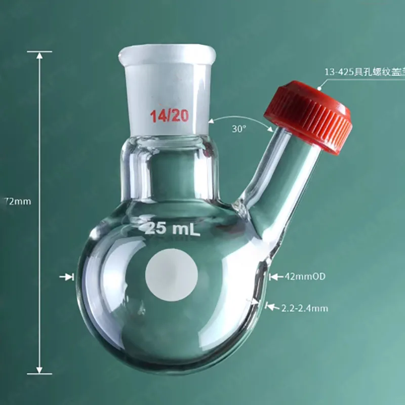 Slanted two-mouth ball flask with threaded mouth and side branch pipe threaded mouth high borosilicate glass 25/50/100/250/500ml