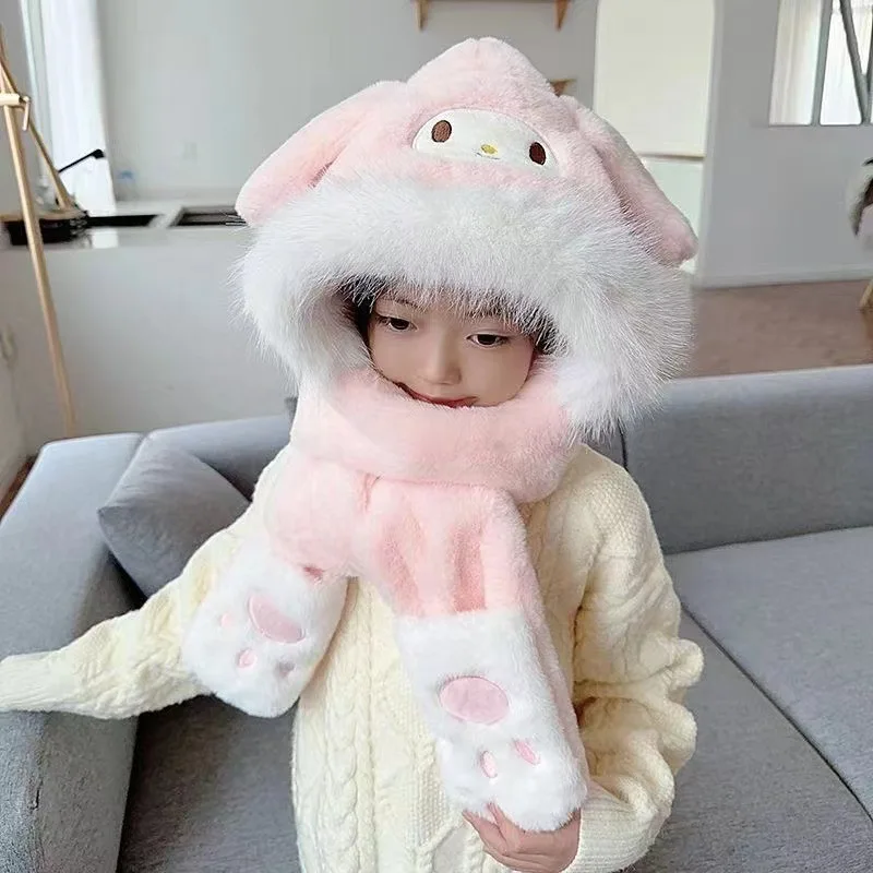 Sanrio Hat Gloves Scarf Combination Set Children's Winter Outdoor Warm Cartoon Three-Piece Set Kuromi My Melody Clothing Gift