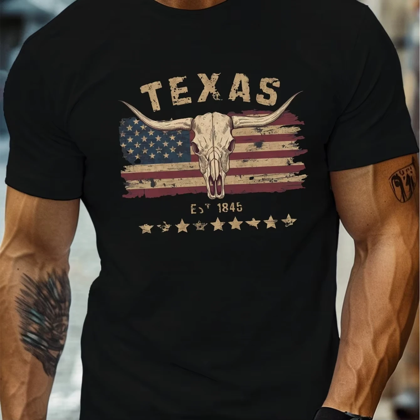 Herren Sommer T-Shirt aus 100% reiner Baumwolle, modisch, lässig, locker geschnitten, mit Texas Longhorn Kuh-Schädel-Muster, Rundhalsausschnitt, Kurzarm