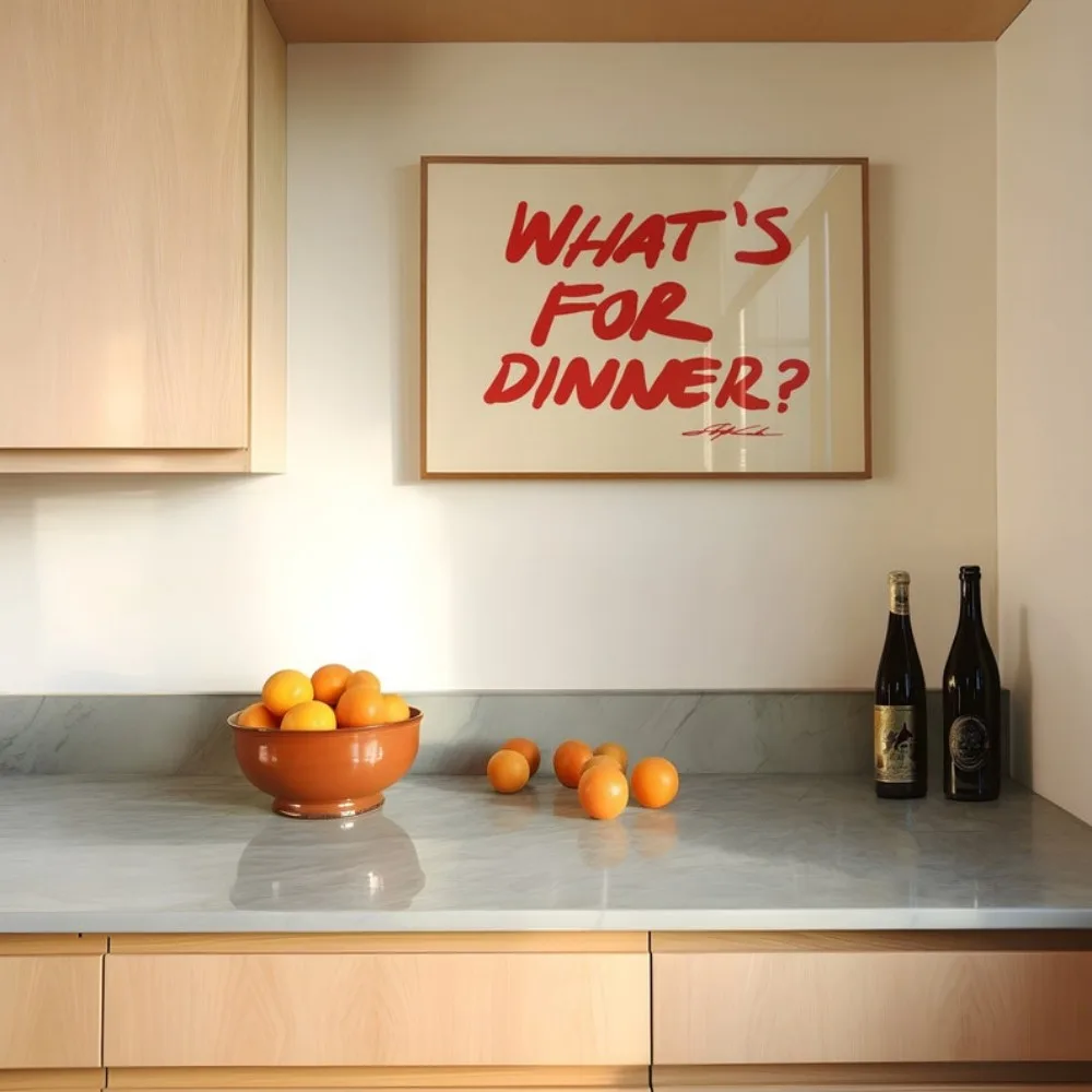 What Is for Dinner? Printmaking,Aesthetic Art,Bauhaus Printmaking,Kitchen Wall Art,Minimalist Red Frameless Canvas Painting