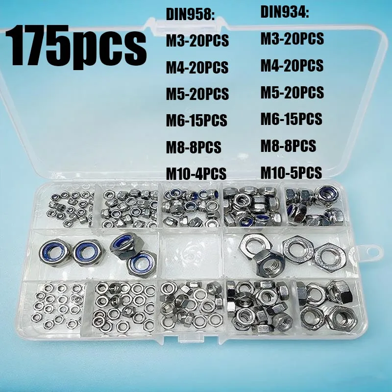 

175 шт. набор шестигранных гаек M3-M10, метрическая нейлоновая вставка из нержавеющей стали, стопорные шестигранные гайки для домашнего ремонта автомобилей