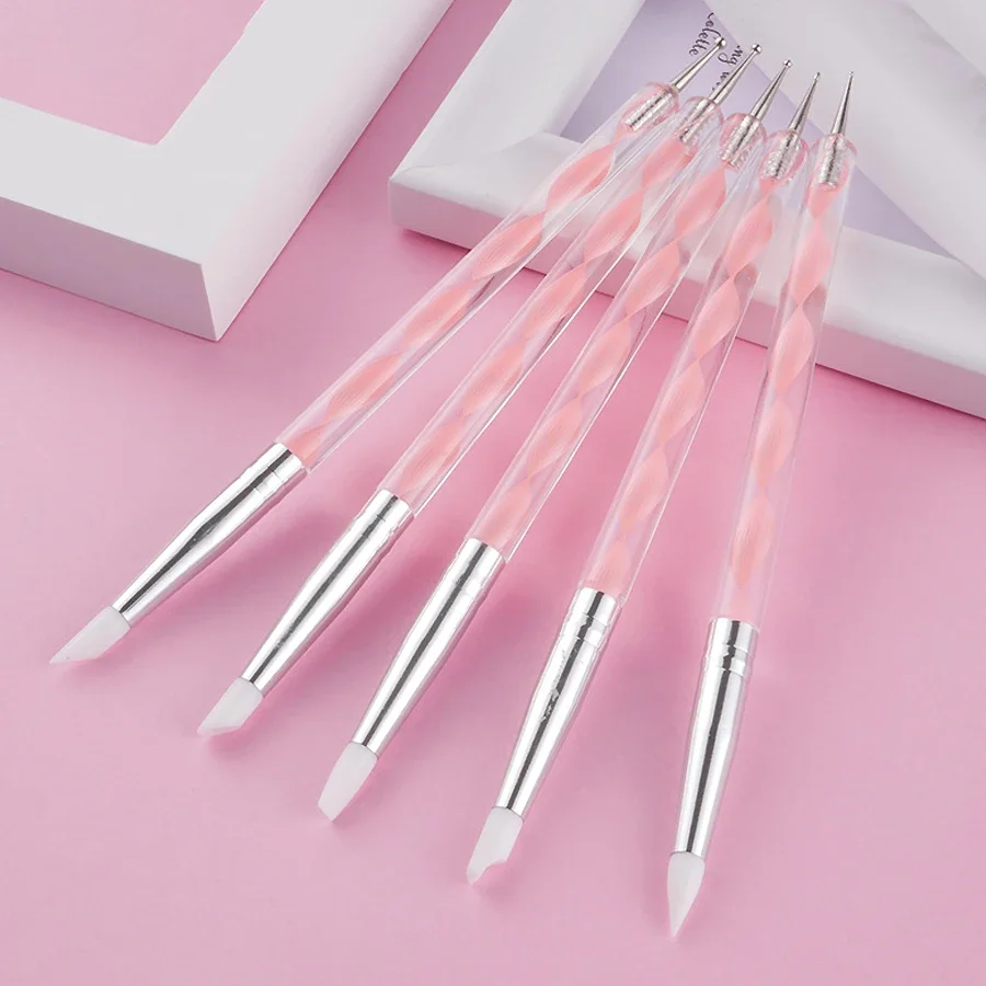 5PCs 2-Way Silicone Nail Art Pen Stainless Steel Flower Painting Tool Kit for Creative Manicure Design