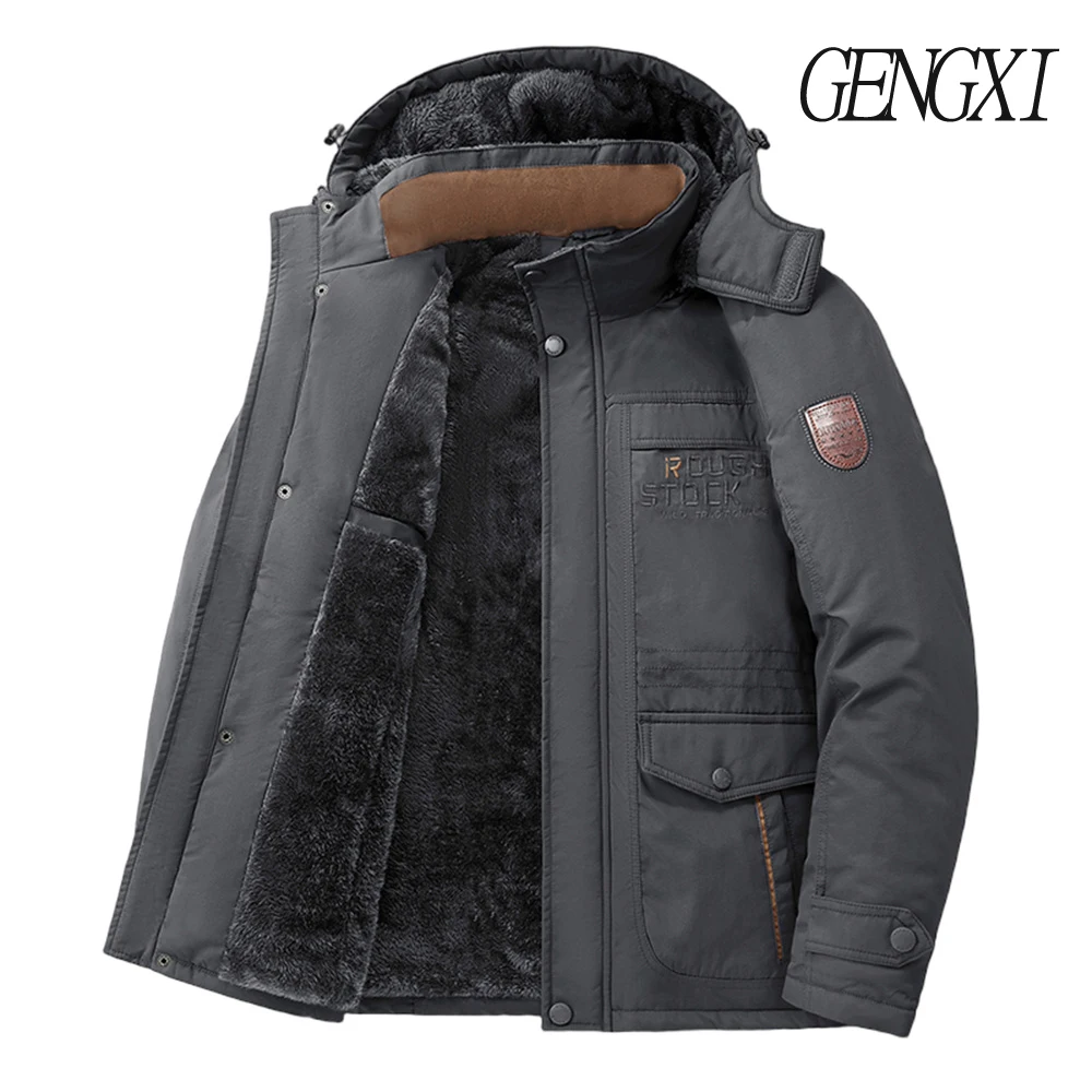 New Autumn/Winter Men's Fleece-Lined Thickened Cotton Coat Casual Vintage Workwear Jacket with Detachable Hood Multiple Pockets