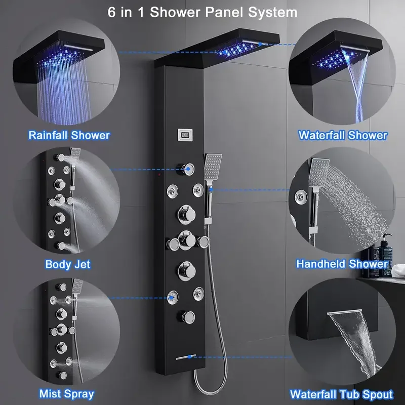 LED Shower Panel Tower System 4 Body Massage Jets and 4 Mist Spray 304 Stainless Steel Wall Mount Rainfall Waterfall Black