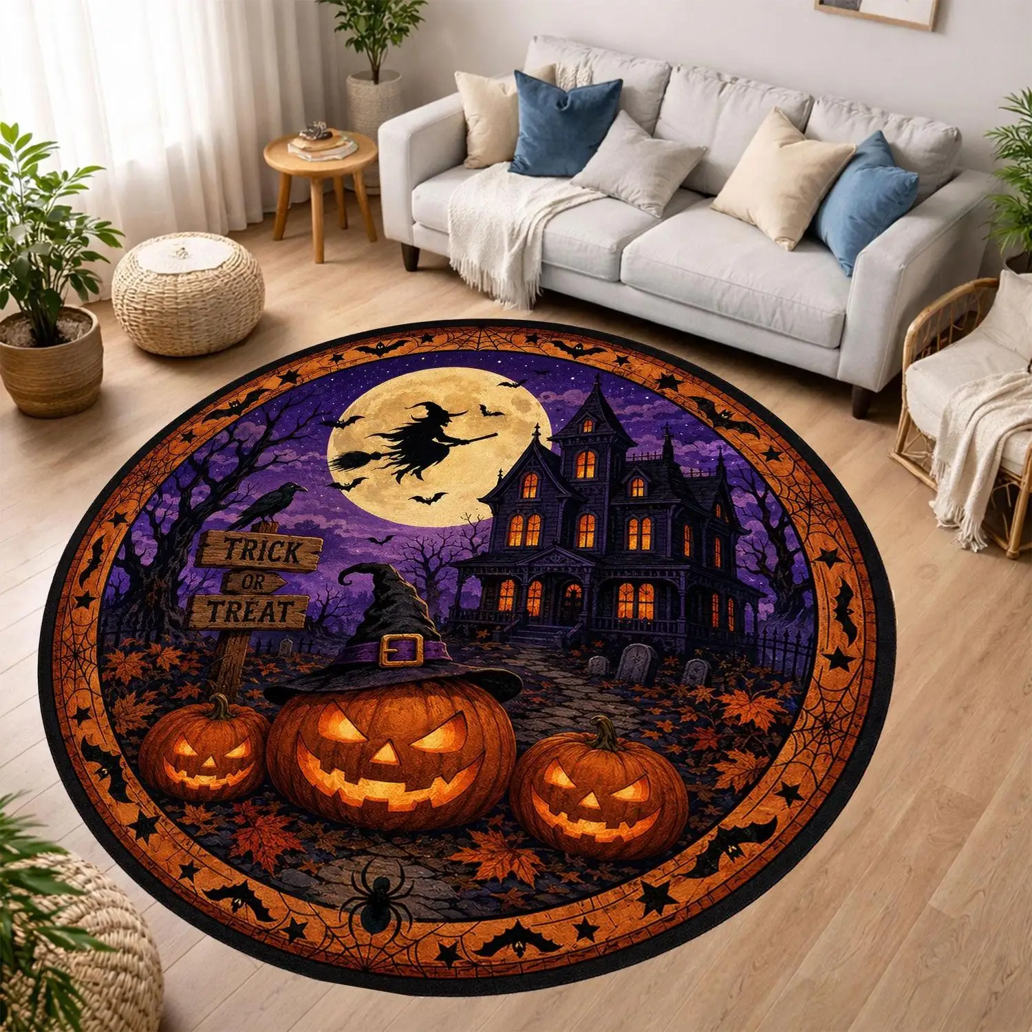【Room Decoration Carpet】Round Halloween Haunted House Carpet, Spooky Pumpkin Witch Moon Decor
