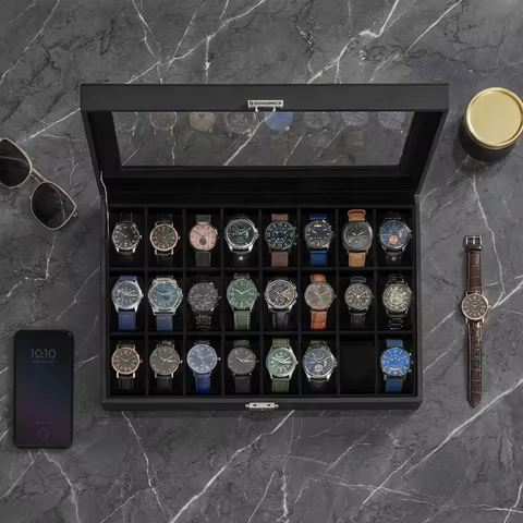SONGMICS 24-Slot Watch Box, Lockable Watch Storage Case with Glass Lid, Gift Idea, Ink Black Synthetic Leather