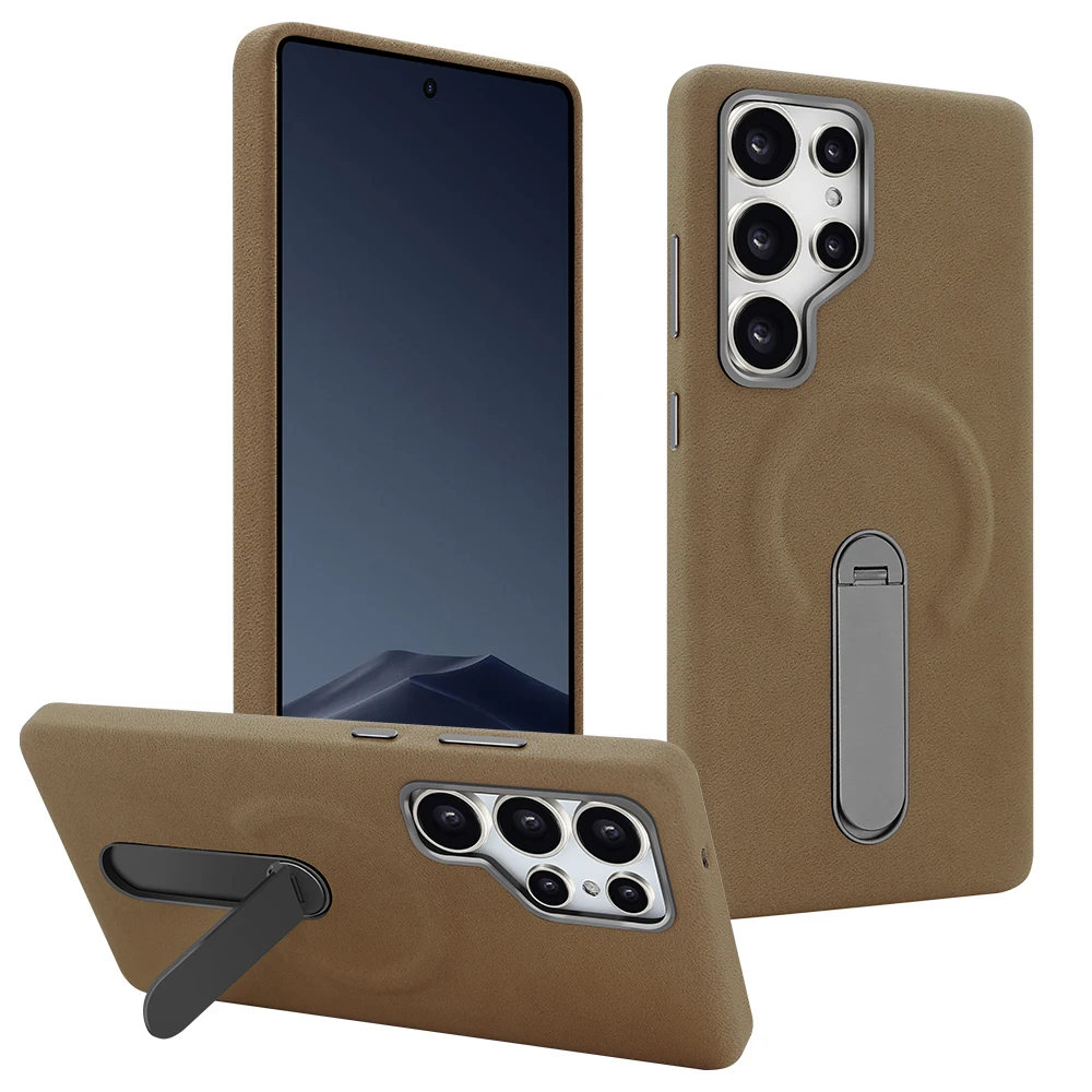 

Wear-Resistant Suede Faux Leather Phone Case with 360° Rotatable Stand for Galaxy S25 Ultra/S24 U - Wireless Charging Compatible