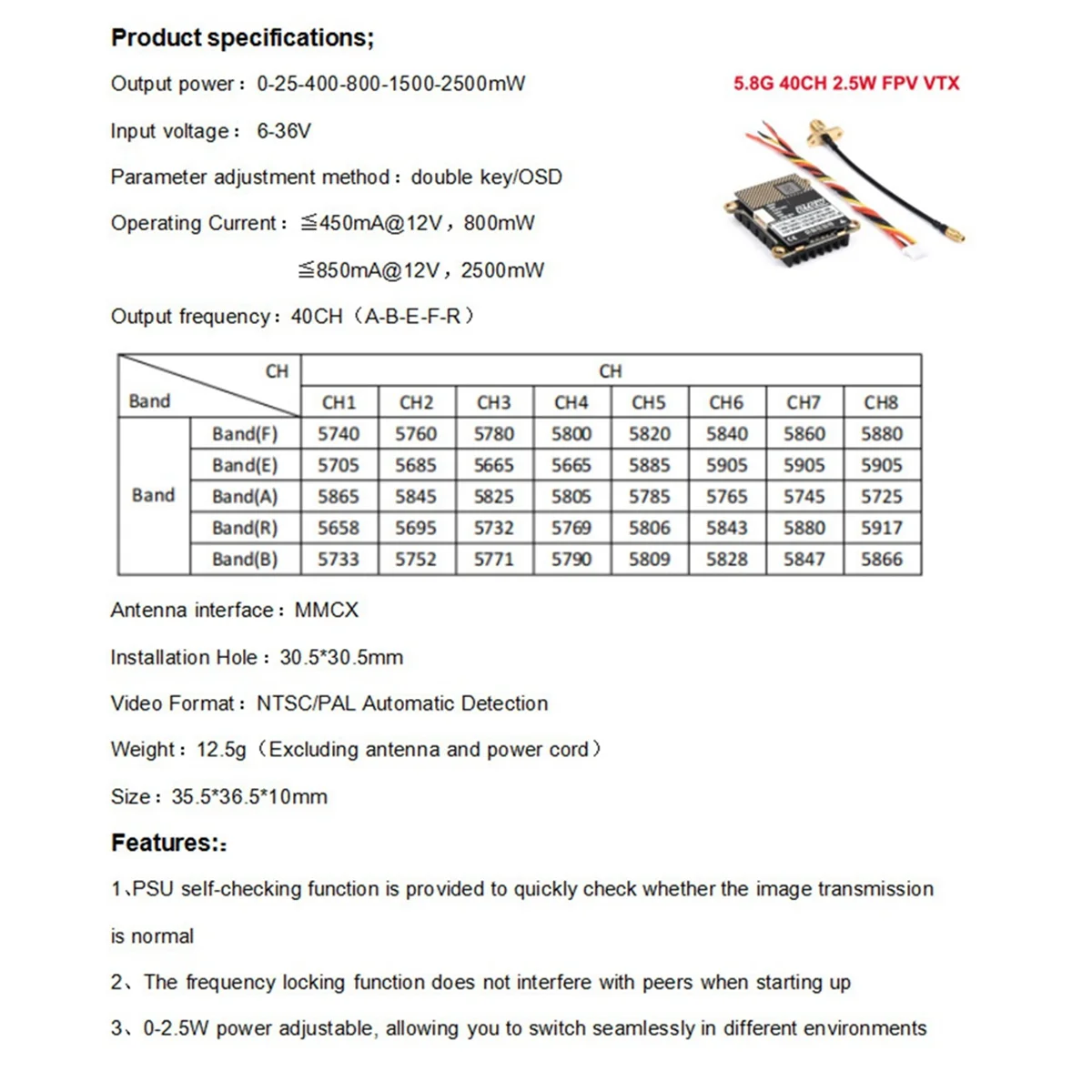 AD41-5.8G 40CH 2.5W 2500MW Image Transmission for RC Fixed Wing FPV Long Rang Racing