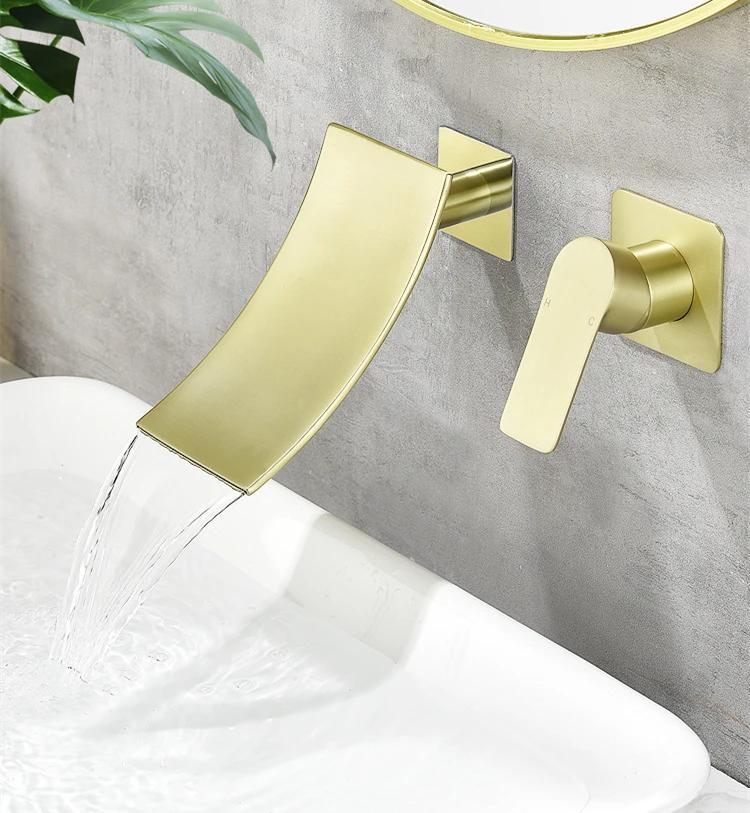 Brushed Gold Wall Mounted Bathroom Sink Faucet Waterfall Bathroom Faucet