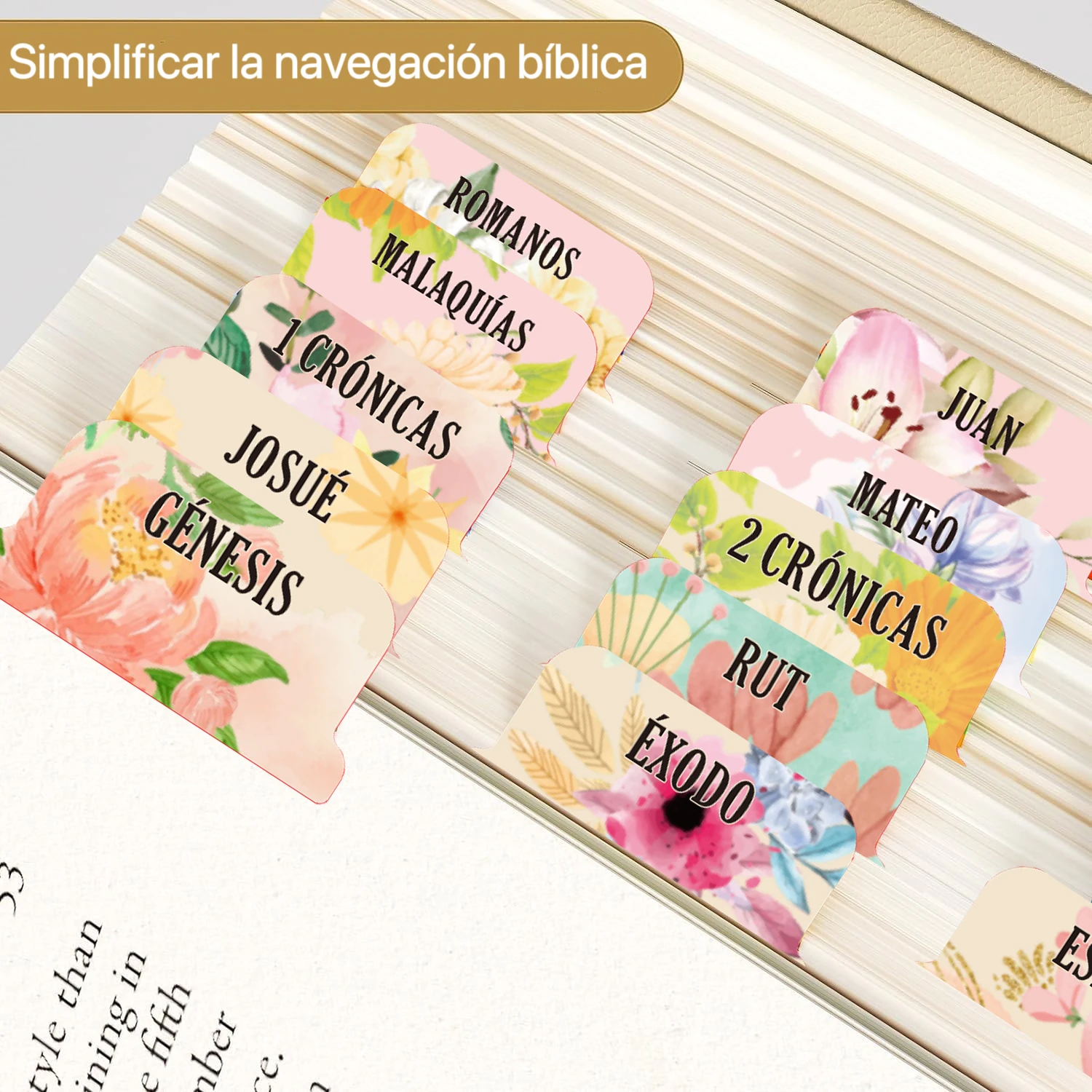 75pcs Floral Spanish Bible Tags - Laminated, Large Print Neutral Bible Tabs,Easy-To-Read Sticker Tags