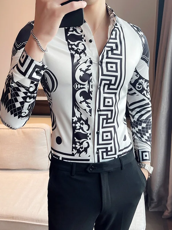 

Men's Printed Single-Breasted Lapel Shirt Casual Style Long Sleeve Slim Fit Silk Fabric Gradient Pattern Fashionable Top