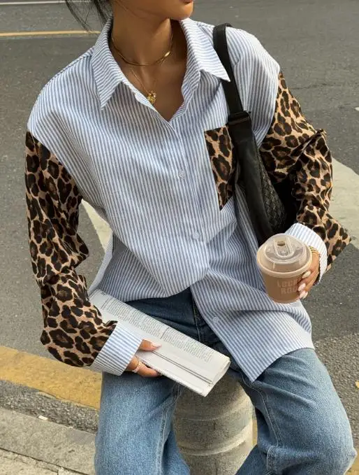 Spring Summer Women's Shirt New Loose Patchwork Striped Shirt Top Fashionable Loose and Comfortable Retro Color Blocked Shirt