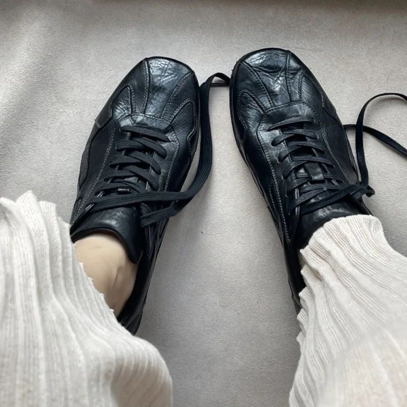 Women's Vintage Washed Leather Sneakers 2026 Autumn Square Toe Lace-Up Casual Retro Flat Oxford Shoes for Ladies